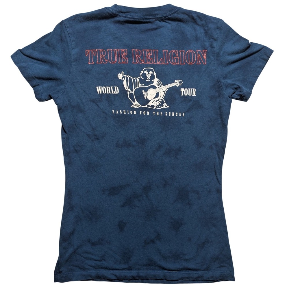True Religion World Tour Buddha Graphic T-Shirt Navy Blue Tie Dye XS